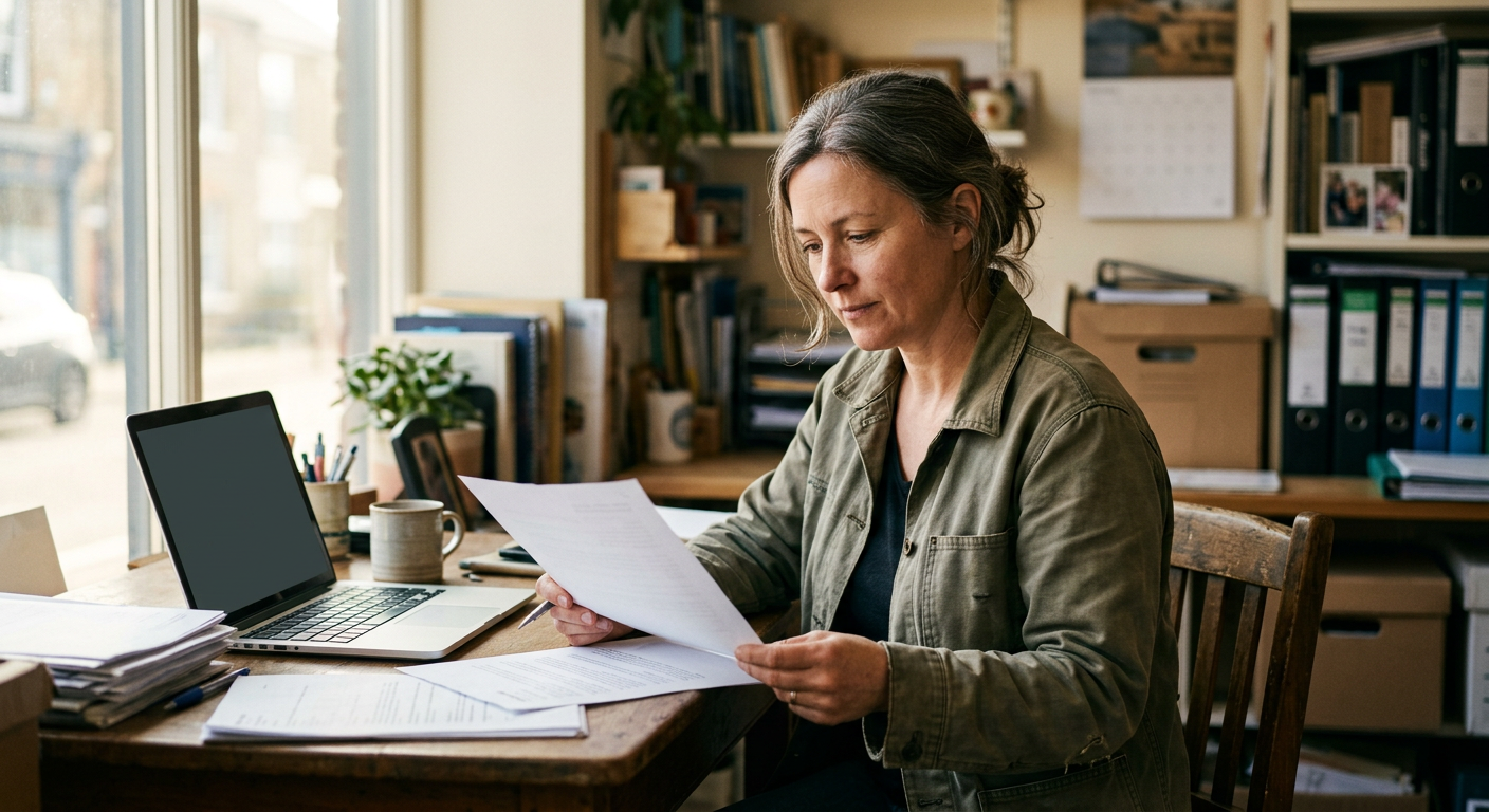 A small business owner reviewing a printed proposal draft alongside her laptop at her desk